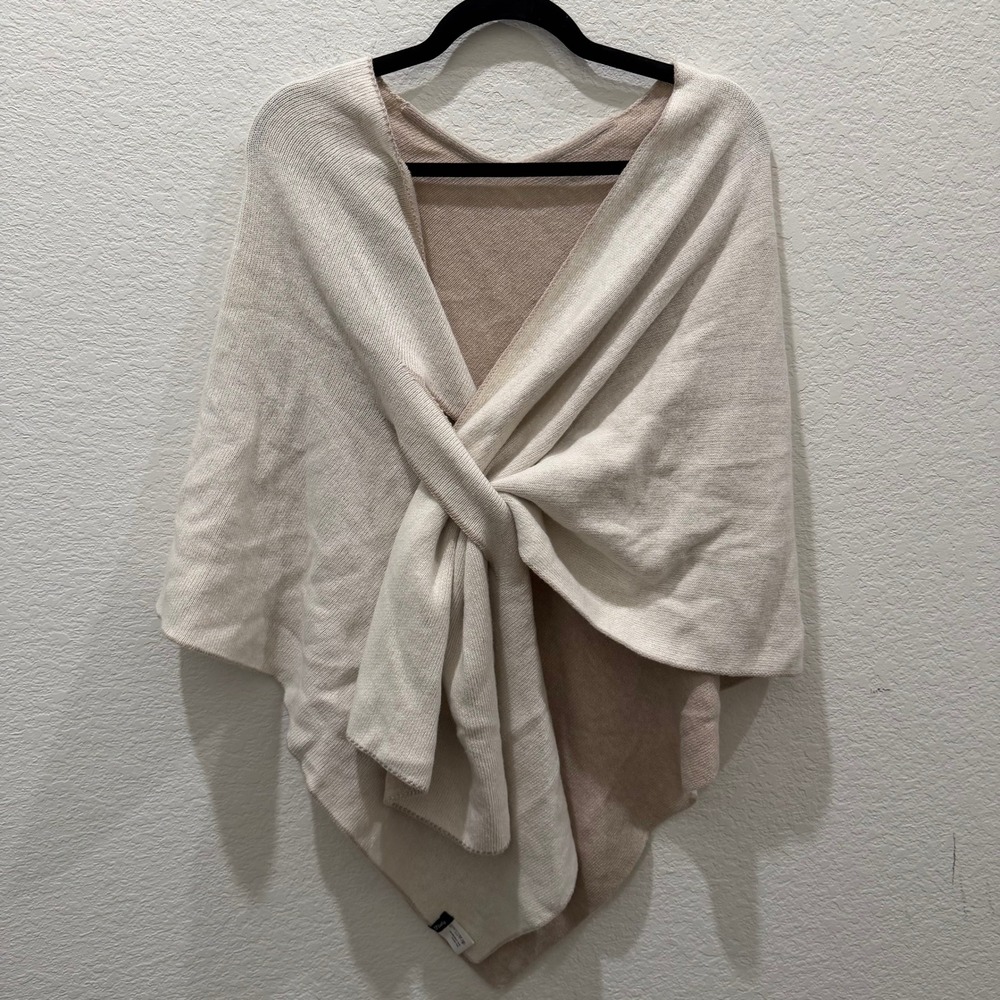 Made in Italy Wool Cashmere Blend Twisted Front Knit Poncho Wrap Cream Tan